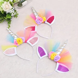 Unicorn Headband Cute Cartoon Plastic Mesh Fabric Flower Headband For Kids Girls Birthday Party Costume Hair Accessories