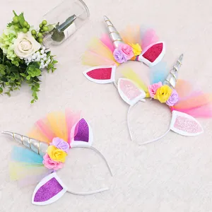 Colorful unicorn headband set with silver horn and glitter ears for girls