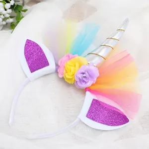 Cute silver unicorn horn headband for kids with colorful mesh and artificial flowers