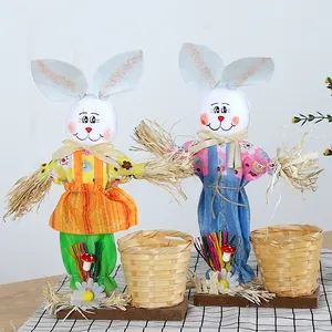 Easter Bunny Basket Decoration Handmade Bamboo Basket Rabbit Figurine For School Kindergarten Home Tabletop Ornament Gift