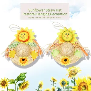 Pastoraler Sonnenblume Strohhut Hängende Dekoration Mit Lächeln Gesicht Vogelscheuche Stil Anhänger Für Halloween Party Kindergarten Deko