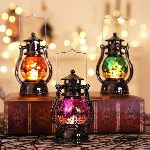 Retro Halloween Handheld Electronic Oil Lamp Electroplated Resin Pumpkin Bat Decorative Tabletop Ornament Party Decor