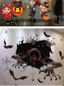 Halloween muurstickers set met schattige cartoons en eng monster door de muur effect