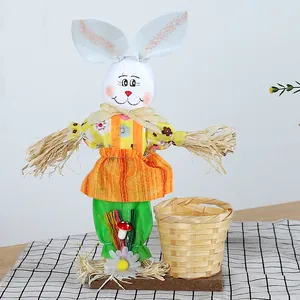 Handmade Easter rabbit scarecrow figurine with mini bamboo basket for kids Easter gift