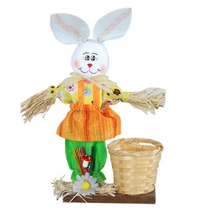 Handcrafted Easter bunny scarecrow figurine with mini bamboo basket on wood base