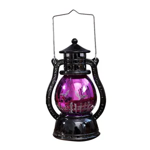 Decorative vintage-style Halloween electronic oil lamp with purple globe and bat motifs.
