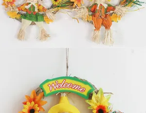 Detailopname van een Halloween vogelverschrikker krans met Welkomstbord en herfstblad