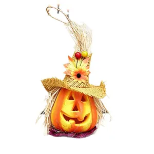 Linterna de calabaza de espuma luminosa de Halloween con sombrero de paja decorativo