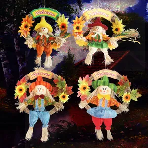 Halloween Vogelverschrikker Krans Welkomstbord Hangende Decoratie Voor Bar Herfst Oogst Decor Zonnebloem Esdoornblad Geruite Pop