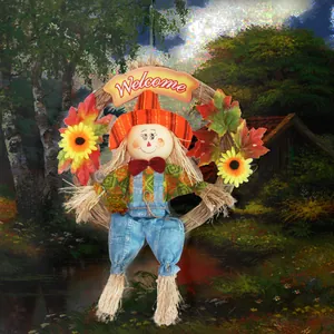 Halloween vogelverschrikker krans decoratie met welkomstbord en herfst zonnebloemen