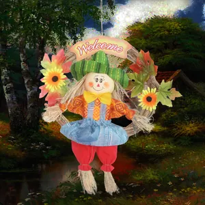 Rustieke Halloween vogelverschrikker krans met zonnebloemen en esdoornblad decor