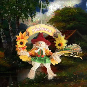 Halloween vogelverschrikker krans met zonnebloemen en Welcome bord voor herfstdecoratie
