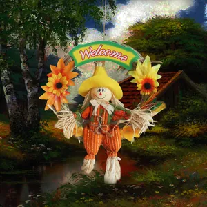 Halloween vogelverschrikker krans decoratie met zonnebloemen en Welcome bordje