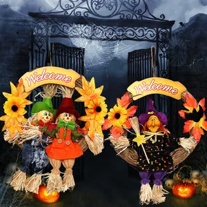 Ghirlanda Appesa di Halloween Spaventapasseri Strega Decorazione Paglia Cartello Welcome per Bar Festa Casa Ornamento Festivo
