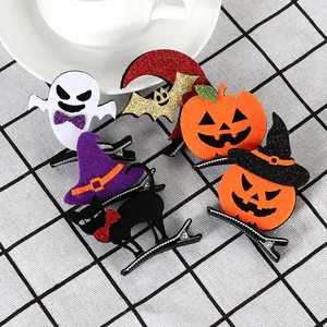Set of 6 festive Halloween hair clips with ghost, pumpkin, and bat designs for children's decor