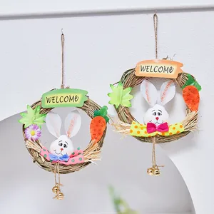 Easter Bunny Straw Wreath Hanging Decoration With Welcome Sign Carrot Bell For Home Kindergarten Rustic Festive Wreath Decor