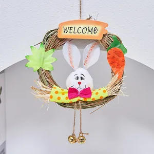 Handcrafted Easter straw wreath featuring a cute bunny doll and welcome sign for home decor