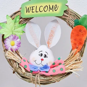 Handcrafted Easter straw wreath with cute plush bunny and Welcome sign