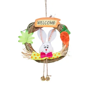 Handmade straw Easter bunny wreath with welcome sign for home hanging decoration