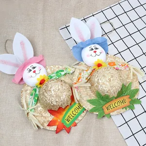 Easter Bunny Straw Hat Wall Hanging Decoration Creative Rabbit Design Welcome Sign For Home Nursery Kindergarten Party Decor