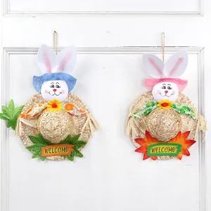 Decorative Easter bunny straw hats with welcome signs for home and garden wall decor