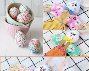 Gros plans détaillés de poupées épouvantails lapin de Pâques et d'œufs aux motifs floraux