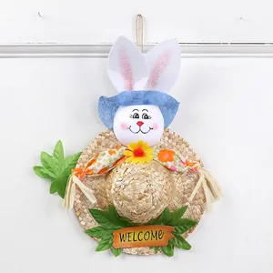 Festive Easter bunny decorative straw hat with welcome sign for wall hanging decor