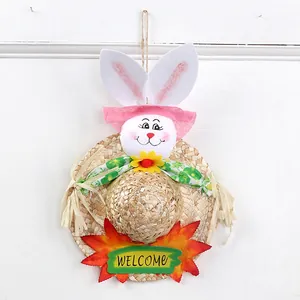 Easter bunny straw hat wall decoration with Welcome sign for holiday decor