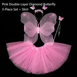 Pink 4-piece fairy costume set for girls with double-layer butterfly wings and tutu skirt