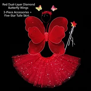 Red butterfly fairy costume set with double-layer wings, headband, wand, and star tutu skirt