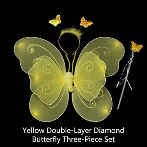 Yellow double-layer butterfly fairy wings set with headband and wand for girls costume