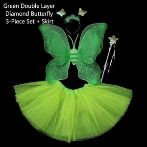 Green fairy costume set with double-layer butterfly wings, star wand, headband and tutu skirt