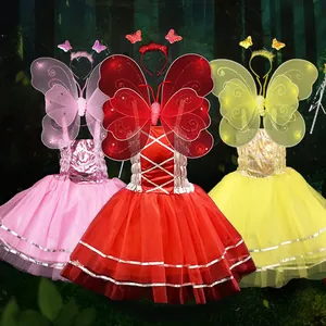 Costume fata farfalla bambina con ali cerchietto e abito in tulle in 3 varianti colori