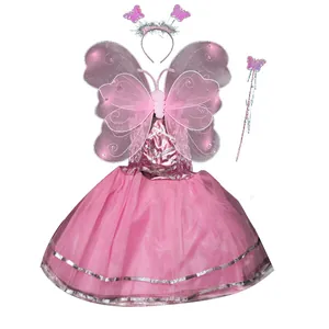 Set costume da fata rosa in 4 pezzi per bambine con ali di farfalla, fascia e bacchetta
