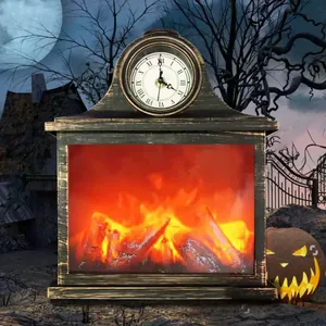 Vintage Halloween LED fireplace lantern featuring faux flame effect and integrated clock