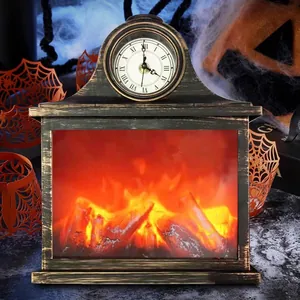 Vintage Halloween LED simulation flame fireplace lamp with clock topper for home decor.