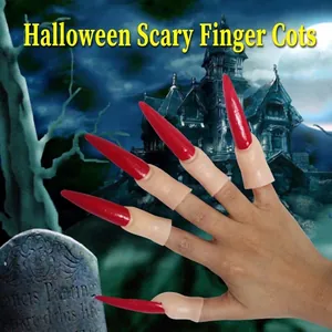 Realistic Halloween witch claws with long red nails and flesh-colored finger sleeves