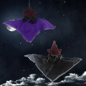 Purple and black Halloween hanging ghost decorations for haunted house party back view