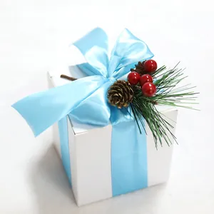 Christmas gift box ornament with blue ribbon, pine cone, and red berries decor
