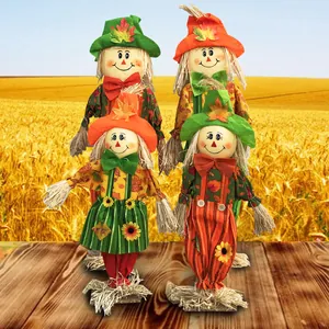 Rustic Fabric Straw Scarecrow Ornament For Halloween Harvest Thanksgiving Decoration Standing Cute Garden Figurine Party Decor