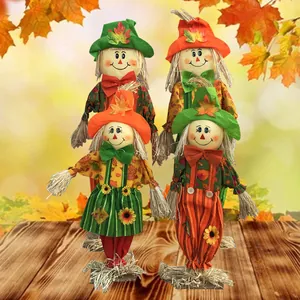 Adorable set of four standing harvest scarecrow decorations for Halloween party decor