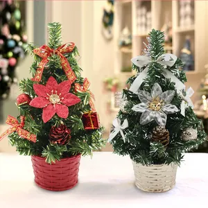 Mini Sapin de Noël Artificiel Ornement en Pot de Table Fleurs Pailletées Pommes de Pin Nœuds Décoration de Noël Maison Bureau