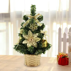 Mini sapin de Noël artificiel en pot doré avec nœuds et ornements festifs en or