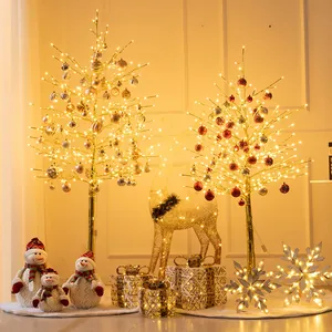 Sapin de Noël Doré Pré-Éclairé LED Arbre à Branches de Bouleau Artificiel Lumière Chaude Décoration de Noël Renne Bonhomme de Neige
