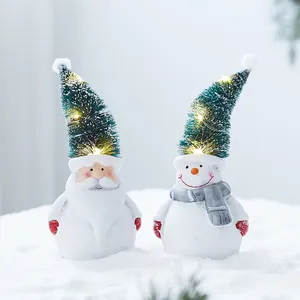 Keramik-Weihnachtsmann- und Schneemannfiguren mit LED-Weihnachtsbaummützen