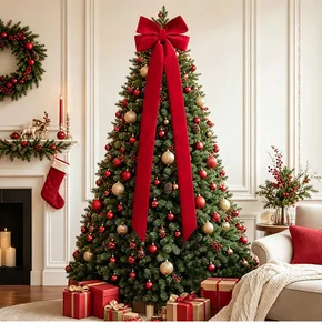 Grande boucle de Noël en velours rouge utilisée comme cimier dans un salon festif décoré