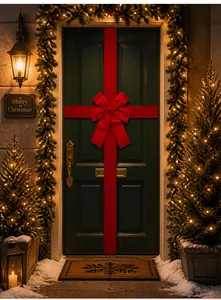 Large red velvet Christmas bow decoration for front door with festive lighting