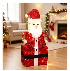 Illuminated stacked Santa Claus gift box ornament for festive indoor Christmas decor
