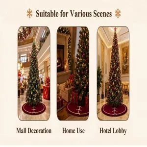 Detailed display of red Christmas tree skirt in mall, home, and hotel lobby settings.