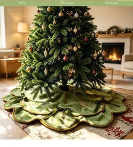 Close-up of wavy green plush Christmas tree skirt with decorative ribbon bows